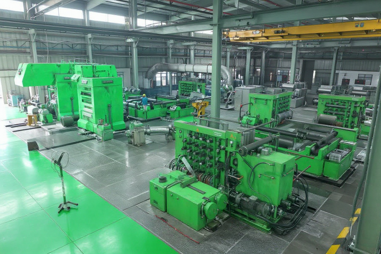 AAA Corp manufacturing facility showing aluminum foil processing machinery and industrial infrastructure